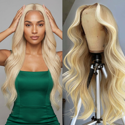 Different model in an emerald green dress with the same blonde hairstyle and wig-display panel