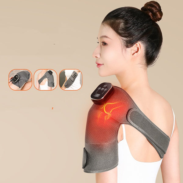 Heated knee brace in use while sitting at home