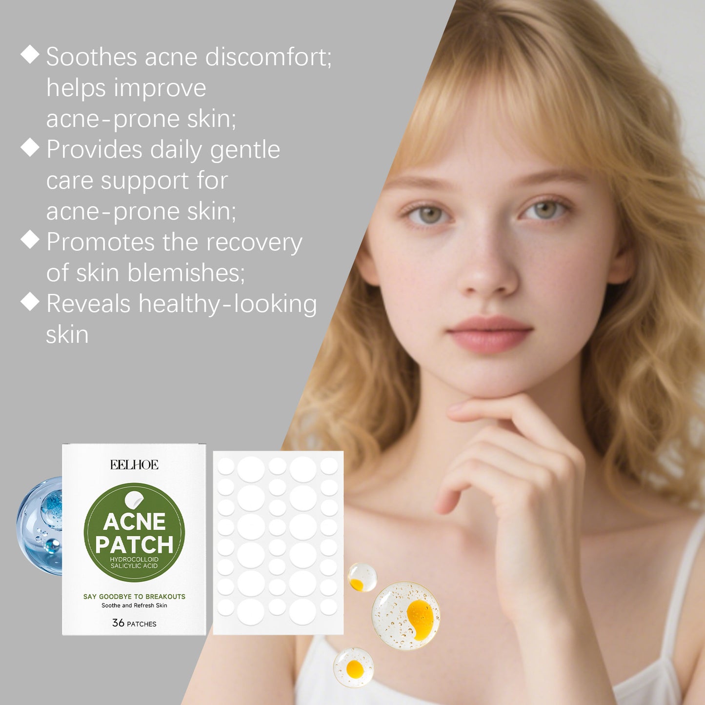 Acne Patches packaging with a model showcasing clear skin benefits and soothing treatment for acne-prone skin.