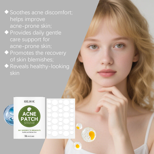 Acne Patches packaging with a model showcasing clear skin benefits and soothing treatment for acne-prone skin.
