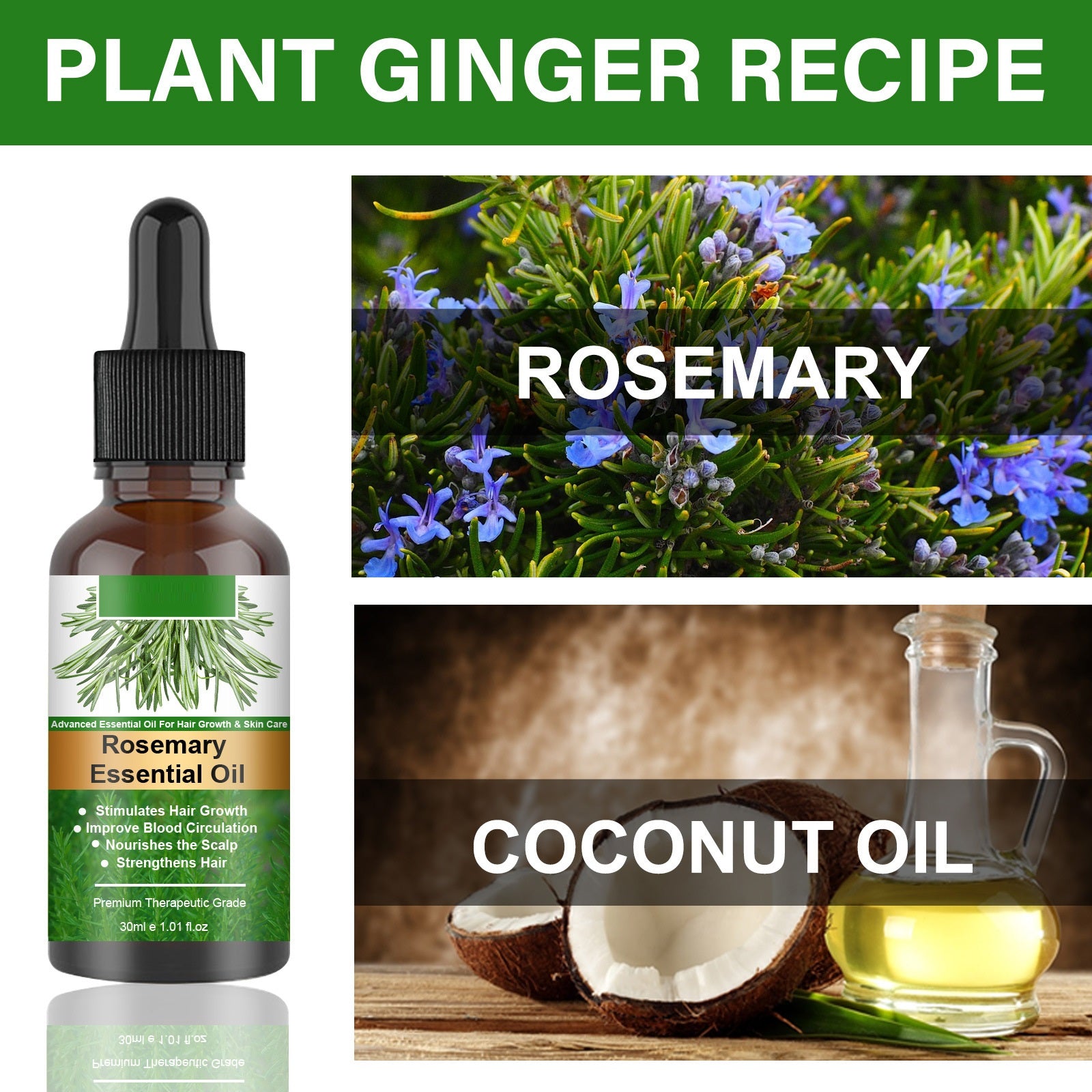 Rosemary Hair Oil bottle with rosemary herb and coconut oil; promoting nourishing scalp care treatment.