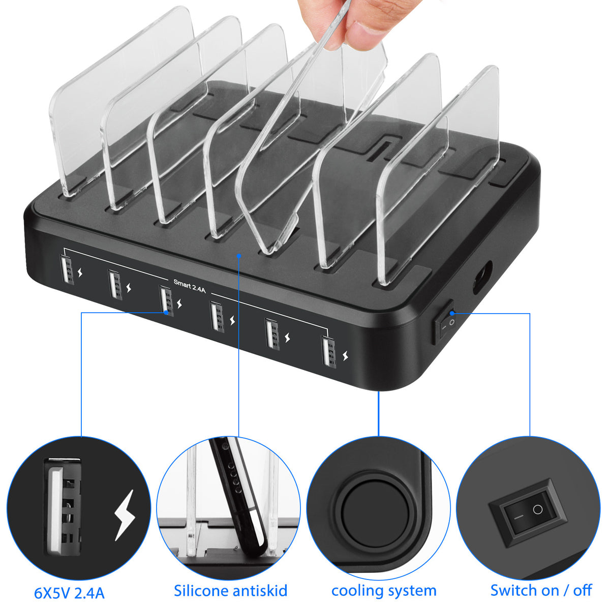 6-Port USB Smart Charging Station with Stand