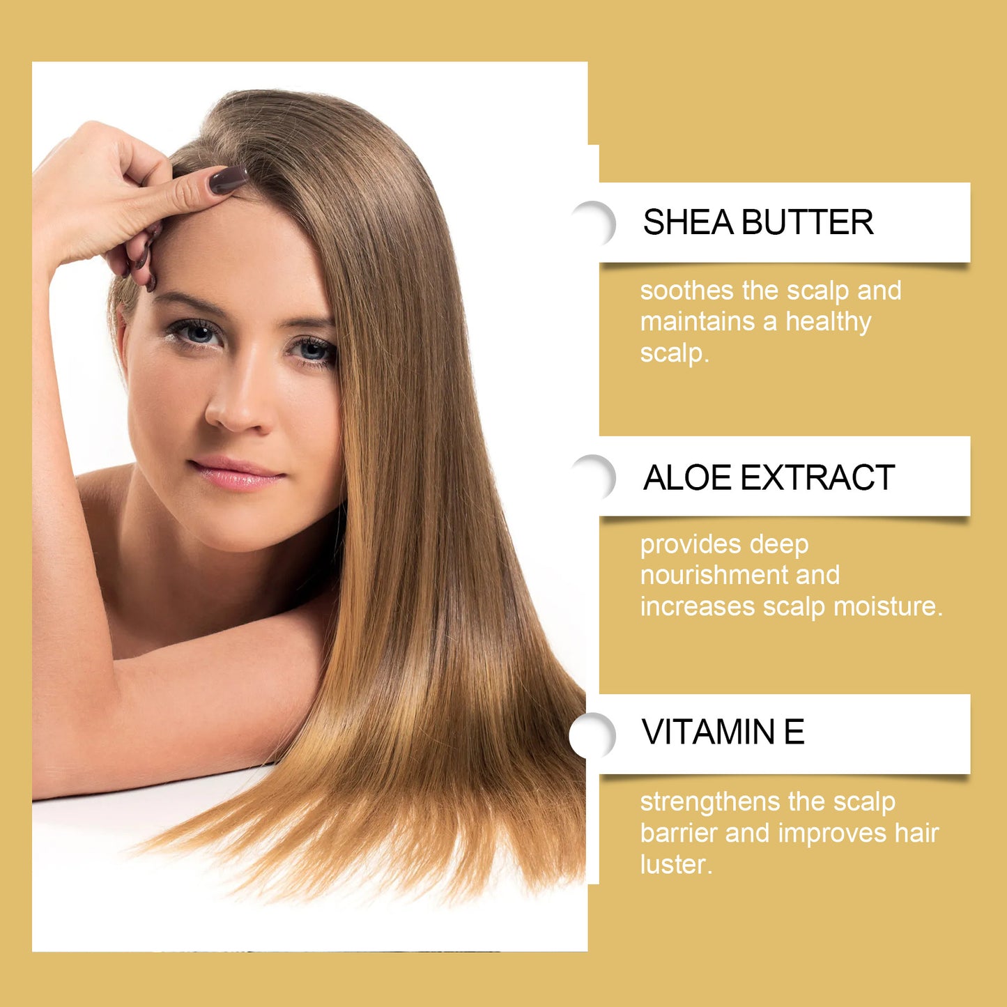 Hair Care Cream benefits highlighting shea butter, aloe extract, and vitamin E for healthy scalp and hair.
