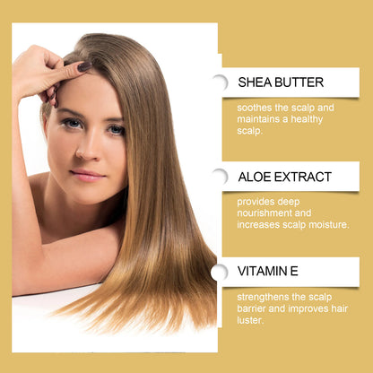 Hair Care Cream benefits highlighting shea butter, aloe extract, and vitamin E for healthy scalp and hair.