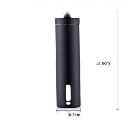Stainless steel hand coffee grinder beside roasted coffee beans