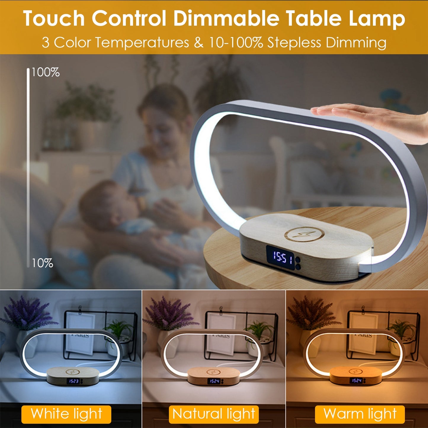 wireless charging bedside lamp with clock