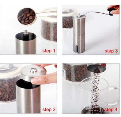 Stainless steel hand coffee grinder beside roasted coffee beans