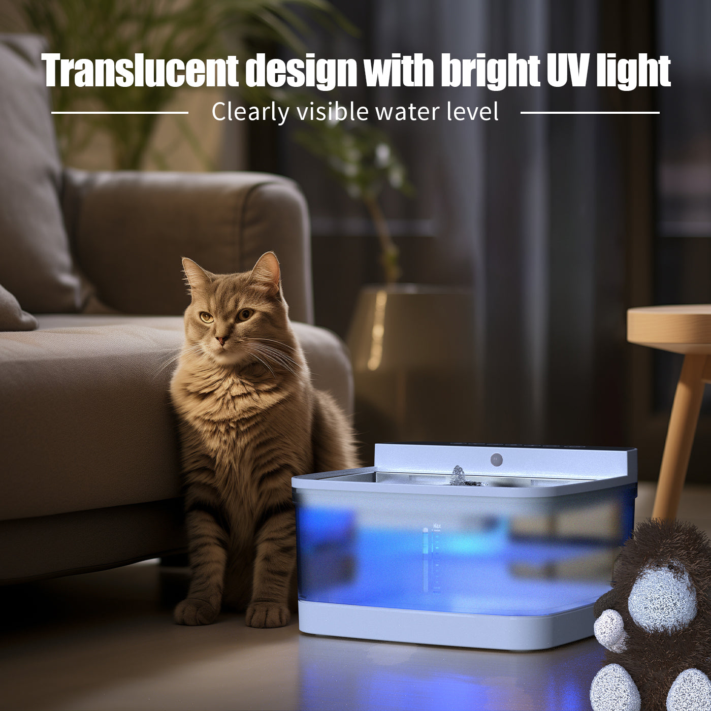Pet water dispenser in use on kitchen floor