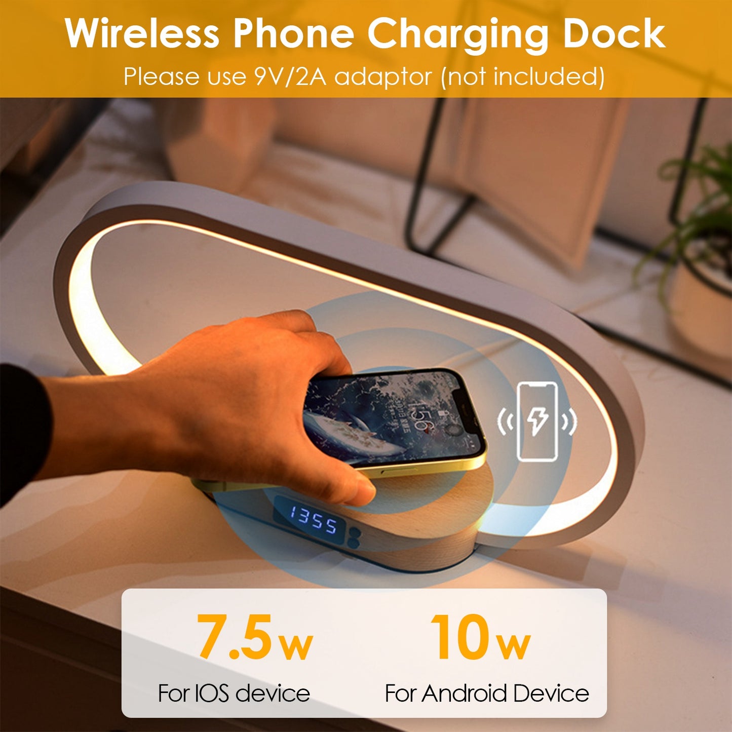 wireless charging bedside lamp with clock