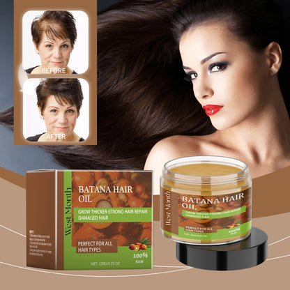 Before and after results using Batana Hair Oil for thicker, stronger hair repair and nourishment.
