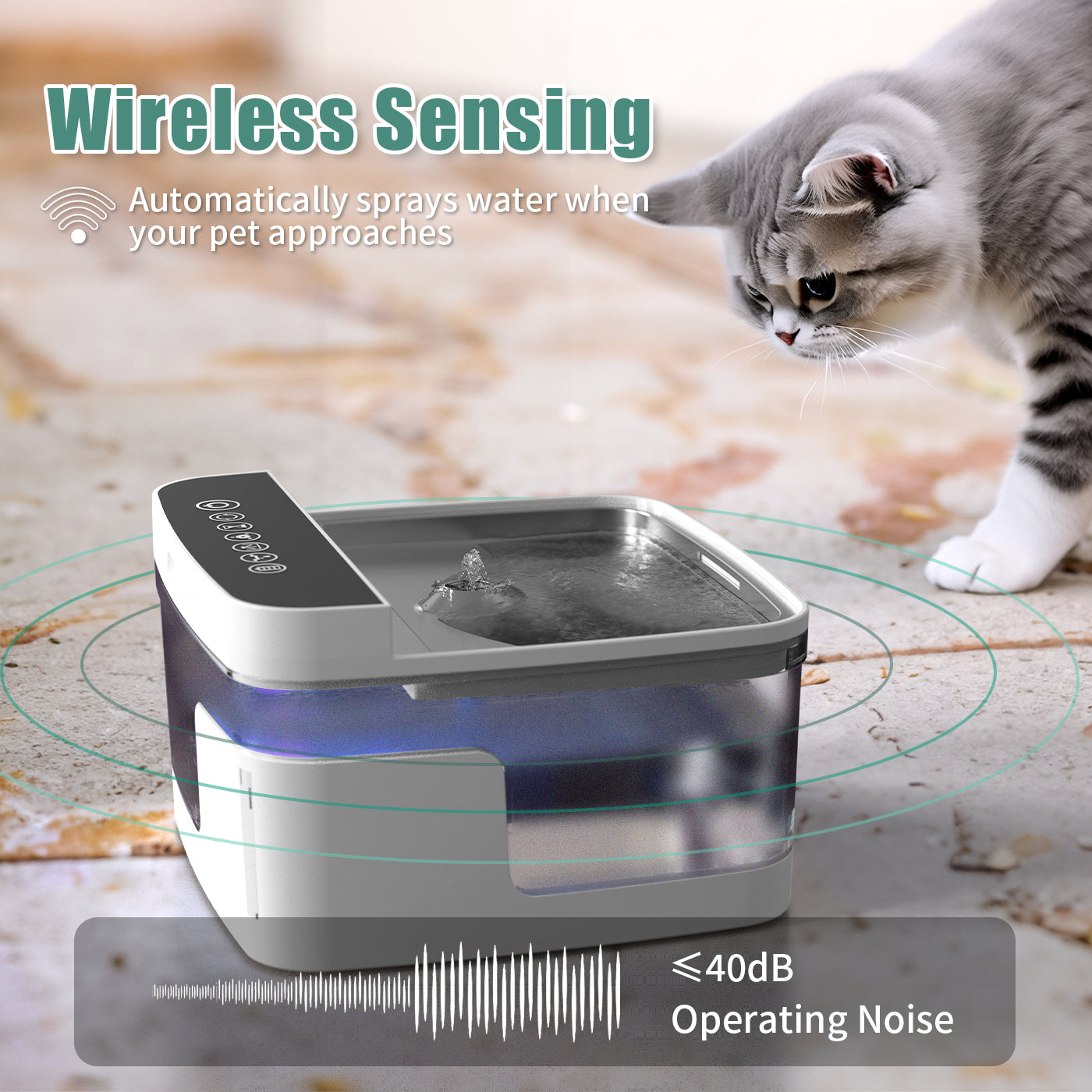 Pet water dispenser in use on kitchen floor