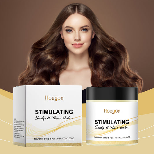Hair Care Cream product image featuring Hoegoa Stimulating Scalp & Hair Balm with beautiful model showcasing nourished hair.