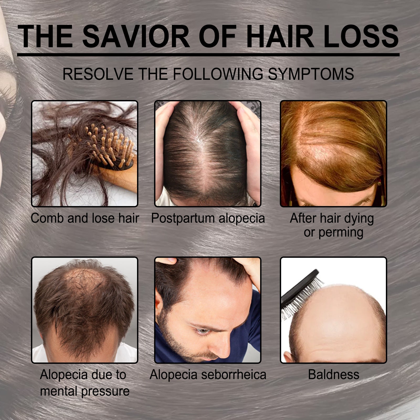 Image illustrating common symptoms of hair loss, including postpartum alopecia and baldness.