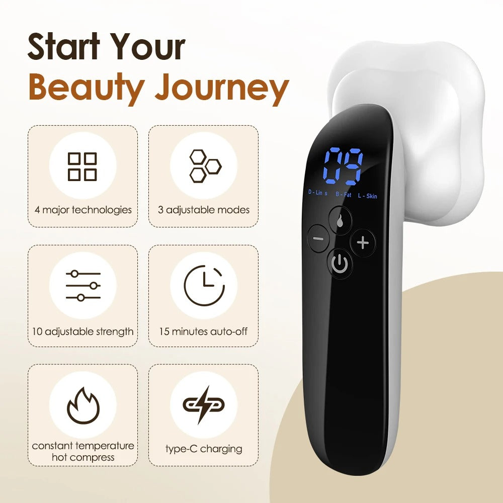 Body Sculpting Machine display showing features like adjustable modes, strengths, and charging options.