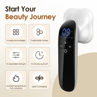 Body Sculpting Machine display showing features like adjustable modes, strengths, and charging options.