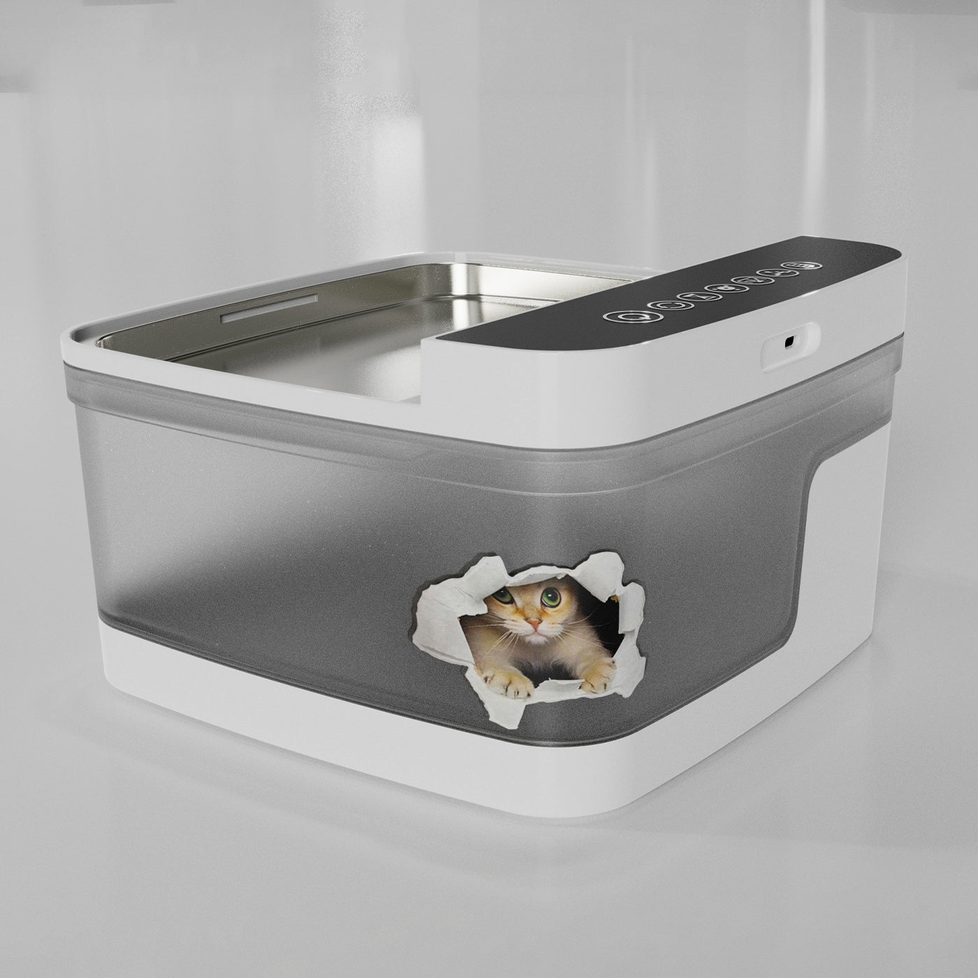 Pet water dispenser in use on kitchen floor