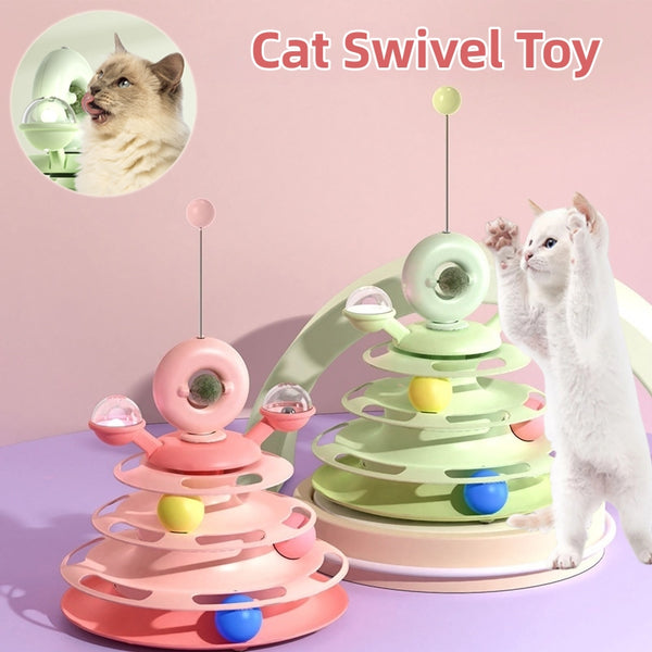 Cat toy tower in use with cat playing on track