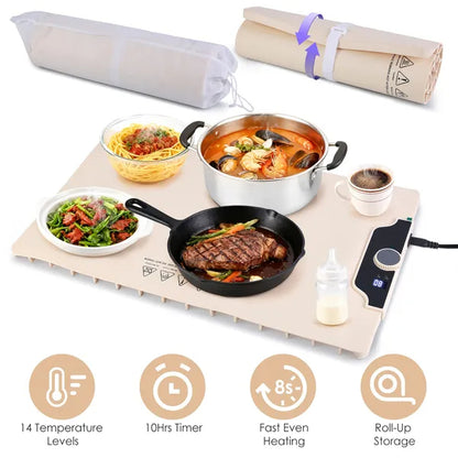 Food Warming Mat 23.6X15.8In 300W Fast Heating Electric Silicone Food Warmer With 14 Temp Levels 10Hrs Timer Settings Roll-Up Portable Hot Plates Heat Pad For Parties Buffet