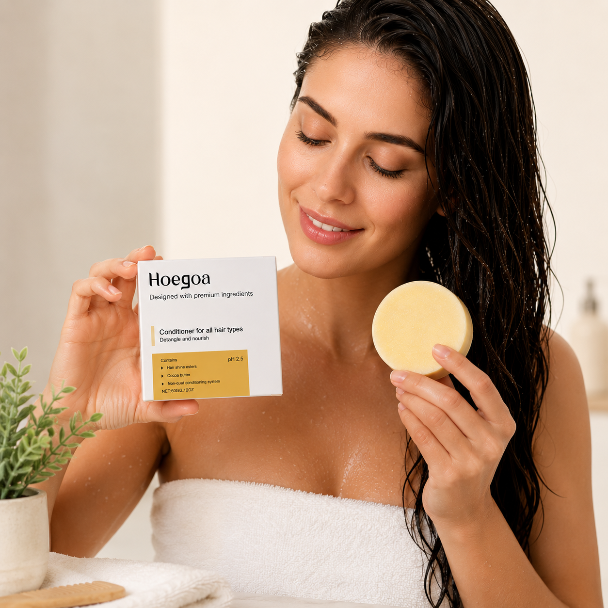 Shampoo Soap for nourishing hair, with a model holding a conditioning bar and packaging for all hair types.