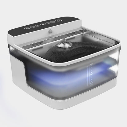 Pet water dispenser in use on kitchen floor