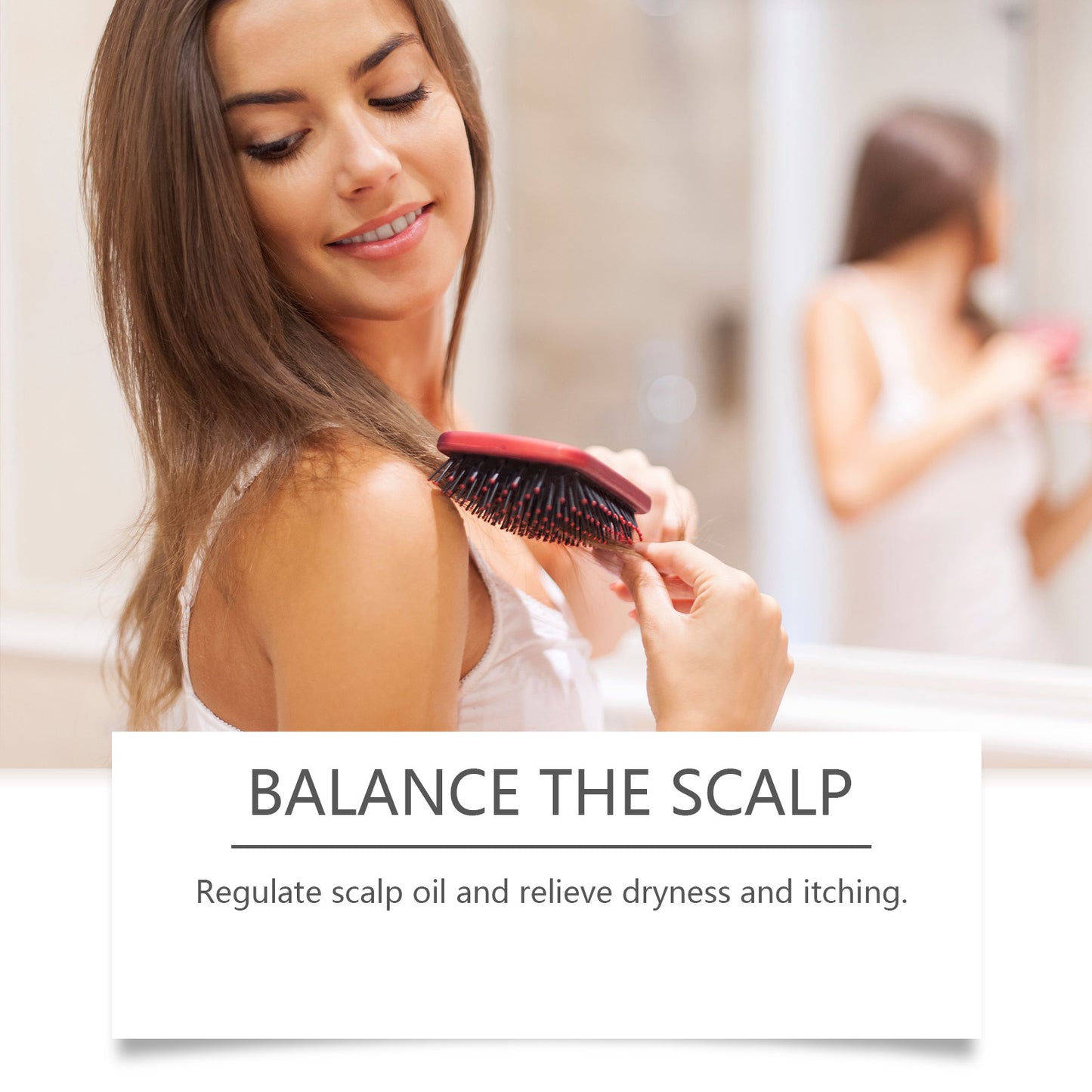 Woman brushing her hair, promoting Batana Hair Oil for scalp balance and moisture.