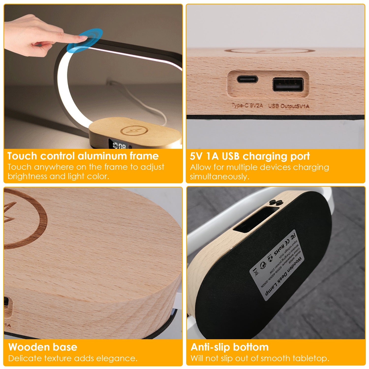 wireless charging bedside lamp with clock