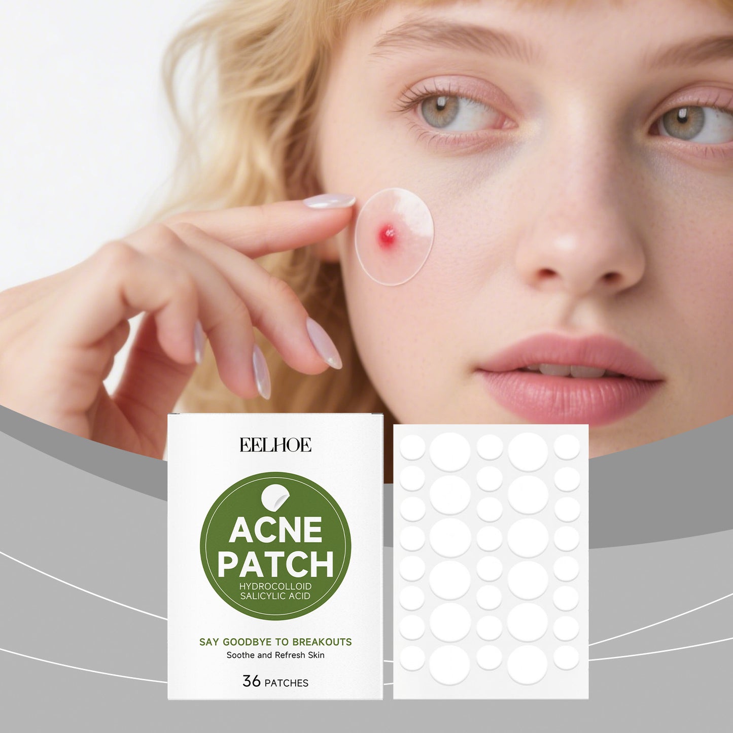 Acne Patches pack alongside a young woman applying a patch to a blemish on her face.