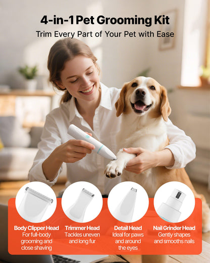 4-in-1 Dog Grooming Kit – Low Noise Cordless Clippers with 6 Combs, 4 Blades & Nail Grinder