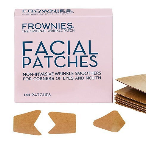 Forehead wrinkle patches beside beauty products on countertop