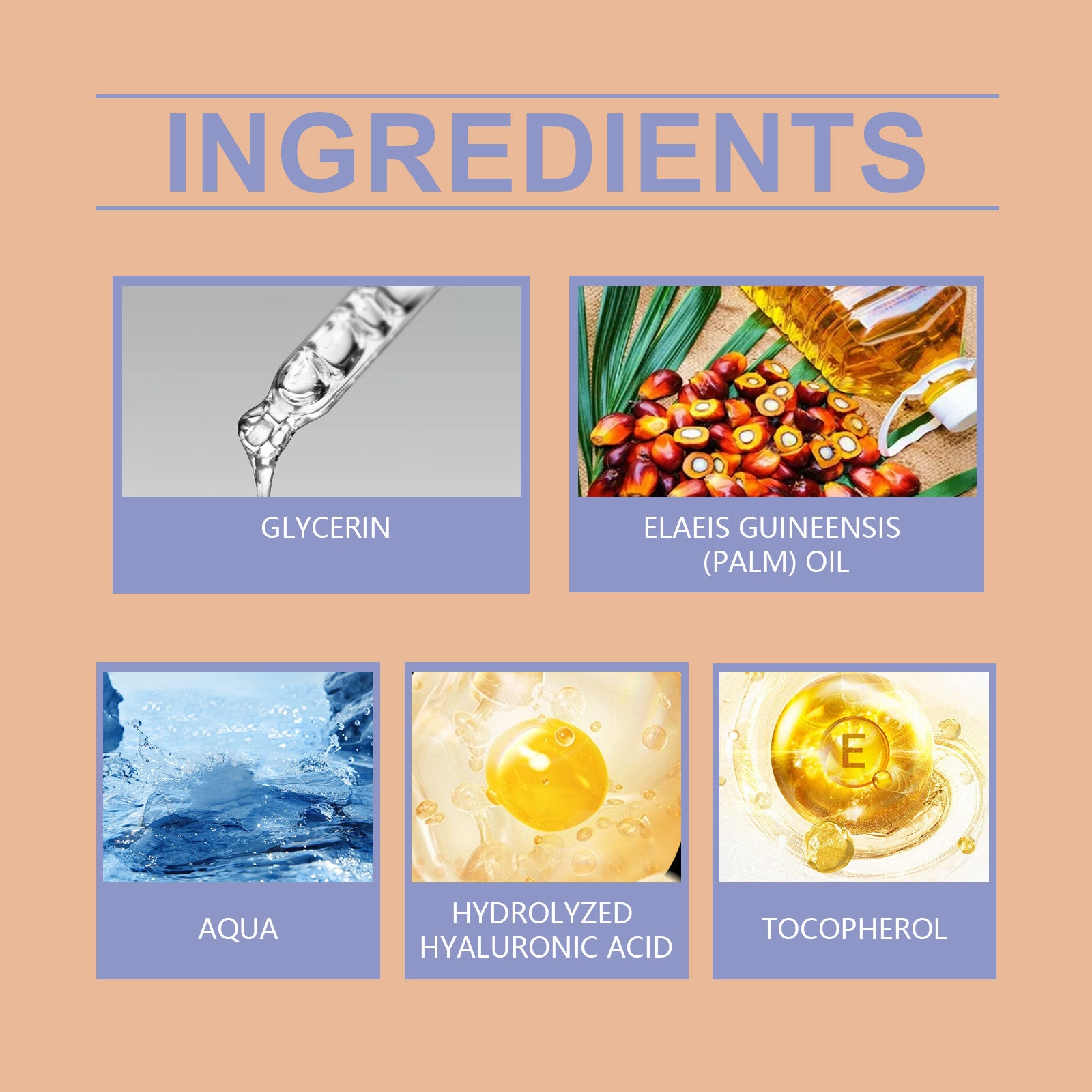 Ingredients of Batana Hair Oil, including glycerin, Elaeis guineensis (palm) oil, aqua, hydrolyzed hyaluronic acid, and tocopherol.