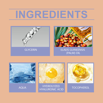 Ingredients of Batana Hair Oil, including glycerin, Elaeis guineensis (palm) oil, aqua, hydrolyzed hyaluronic acid, and tocopherol.