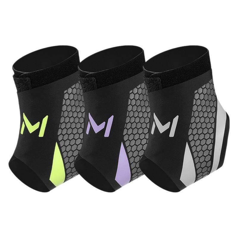 Ankle Support compression foot sleeve brace in black, gray, and purple colors.