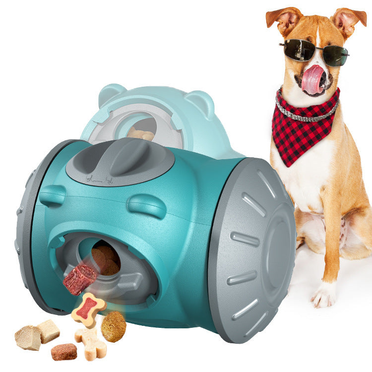 Dog Tumbler Toy for interactive feeding with treats spilling out, alongside a playful dog wearing sunglasses.
