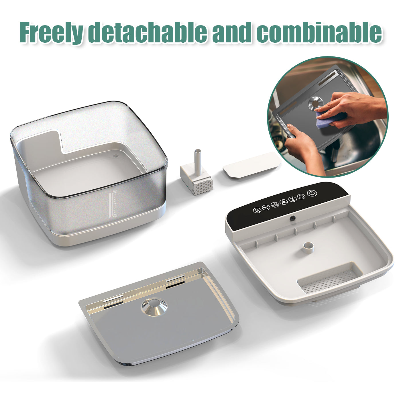 Pet water dispenser in use on kitchen floor