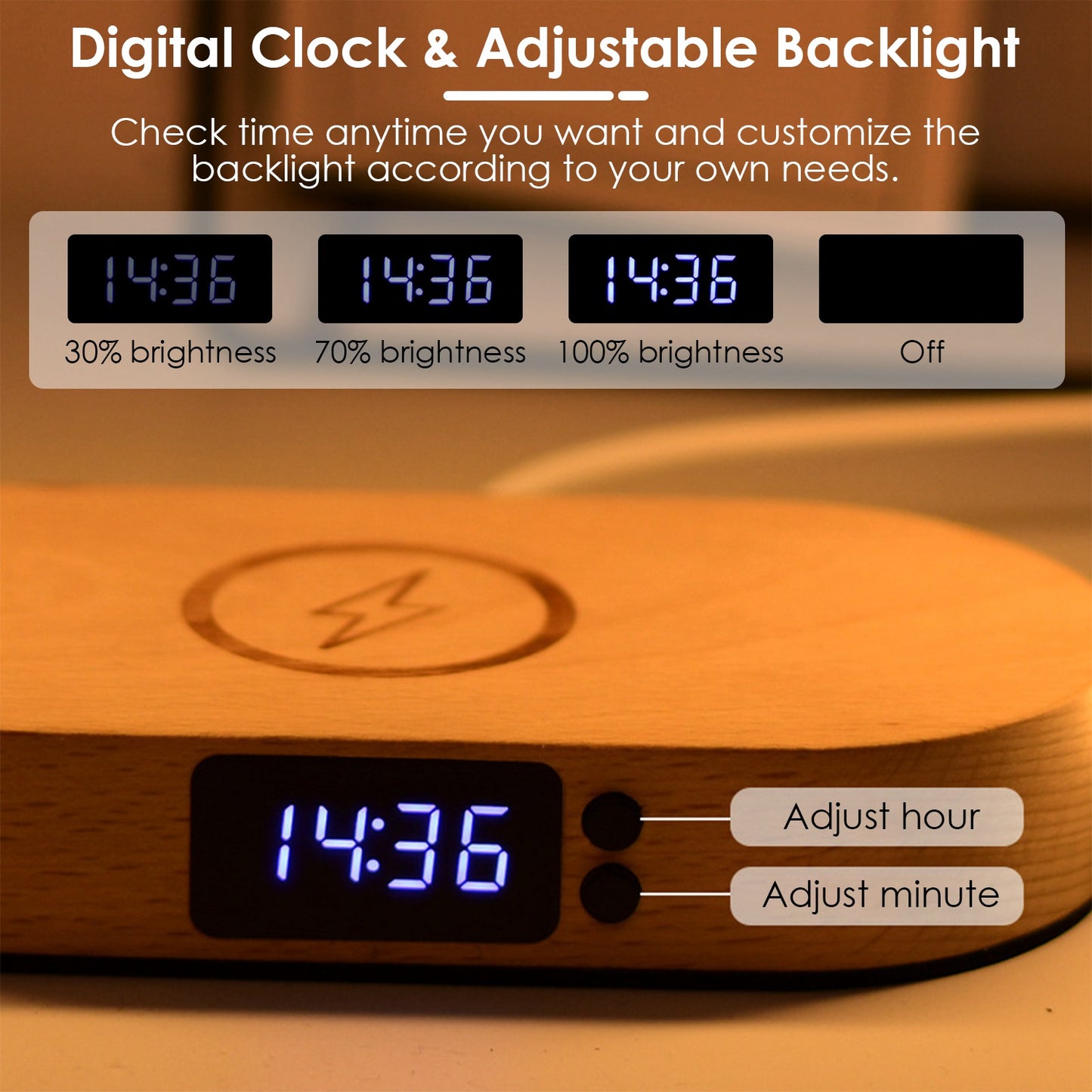 wireless charging bedside lamp with clock
