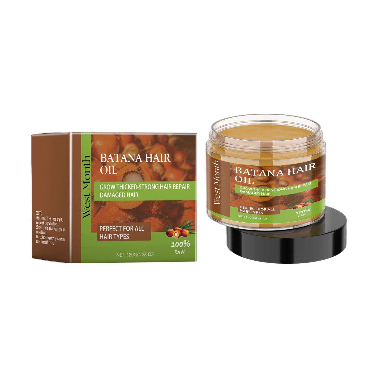 Batana Hair Oil packaging and jar for hair treatment, perfect for all hair types, 100% raw ingredients.