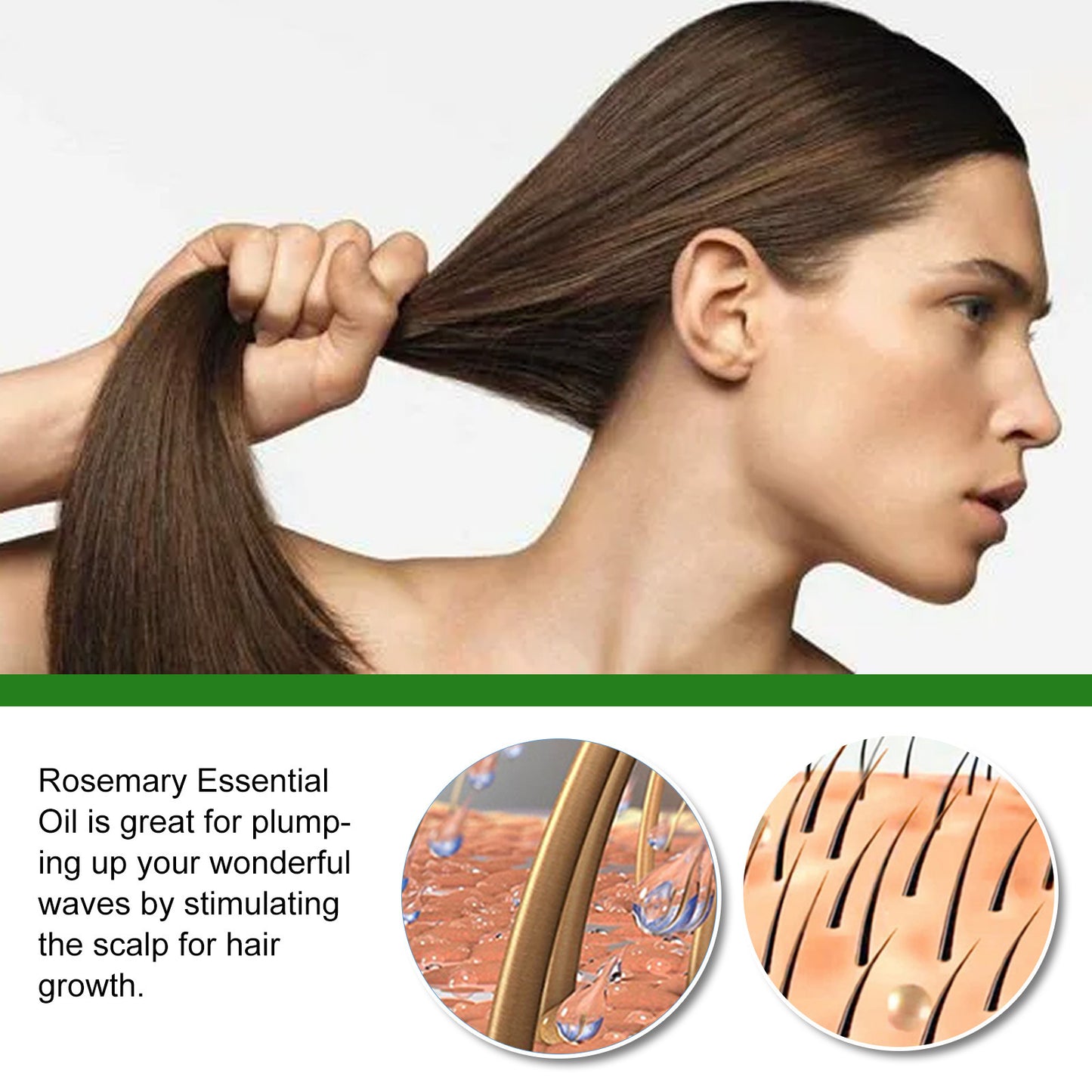 Woman demonstrating use of Rosemary Hair Oil to promote healthy scalp and hair growth.
